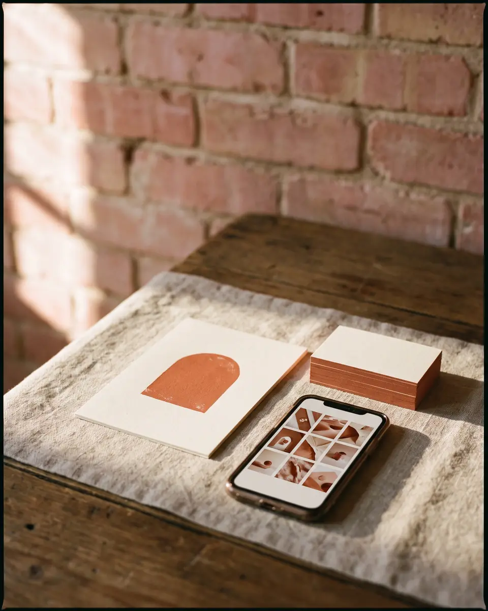Kit de lancement : carte à l’arche terre cuite, cartes de visite et téléphone affichant une grille de publications