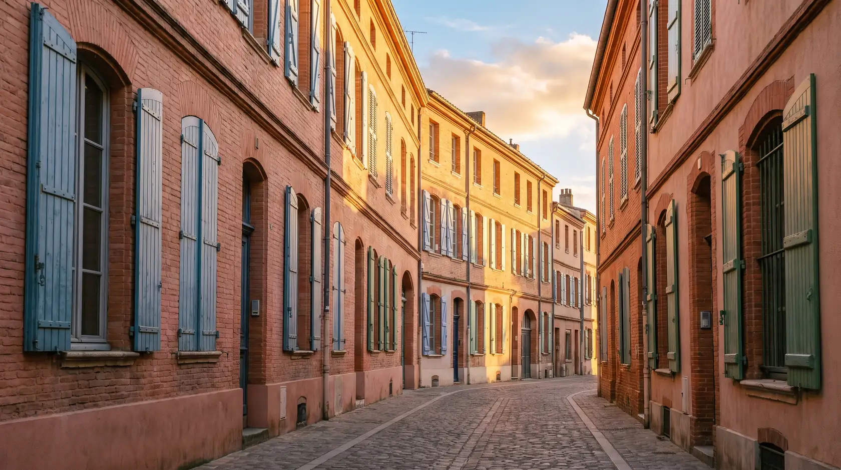 Rue de façades en brique rose aux volets de bois, dans la lumière dorée du soir