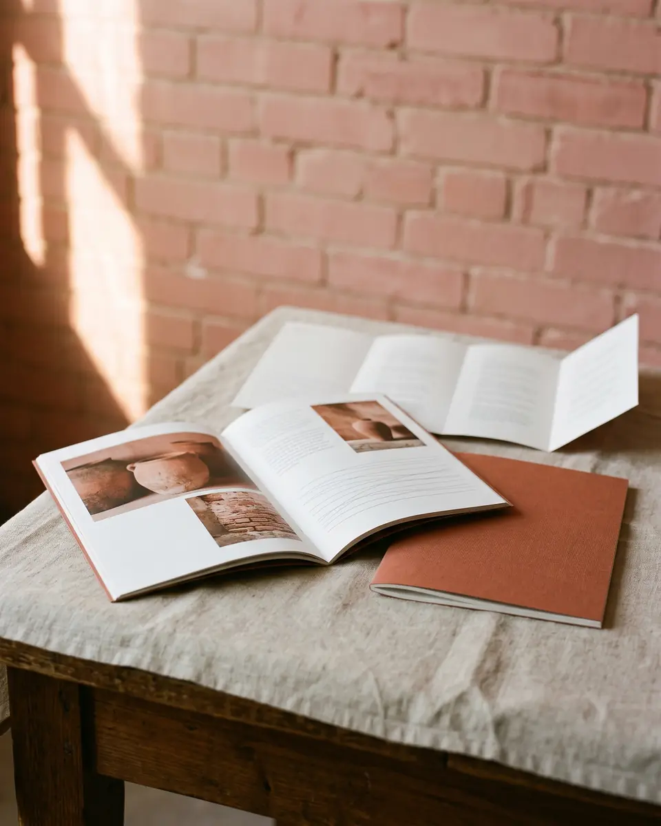 Brochure agrafée et dépliant ouverts sur des photographies de poterie et de brique, couverture terre cuite