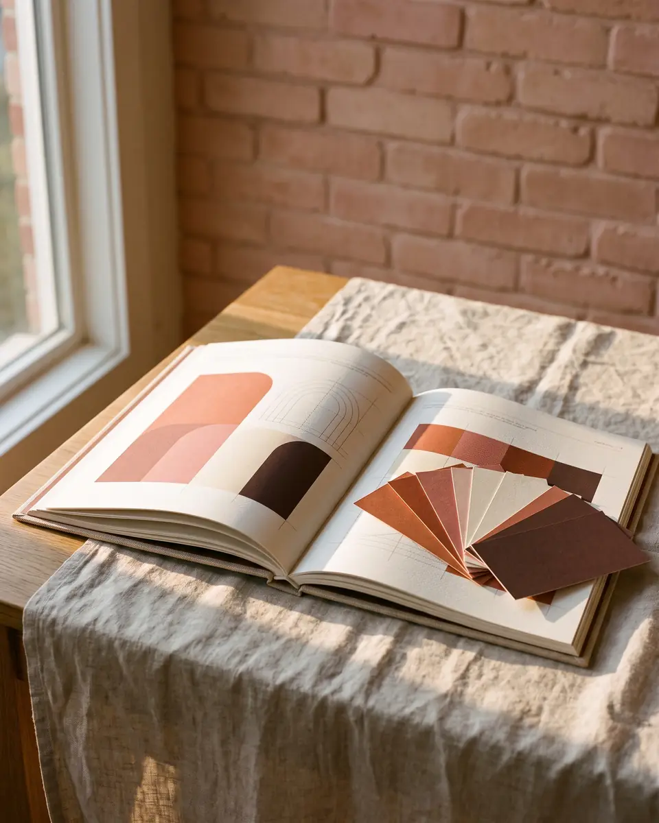 Charte graphique ouverte sur des aplats terre cuite, rose brique et brun, avec un éventail de nuanciers papier
