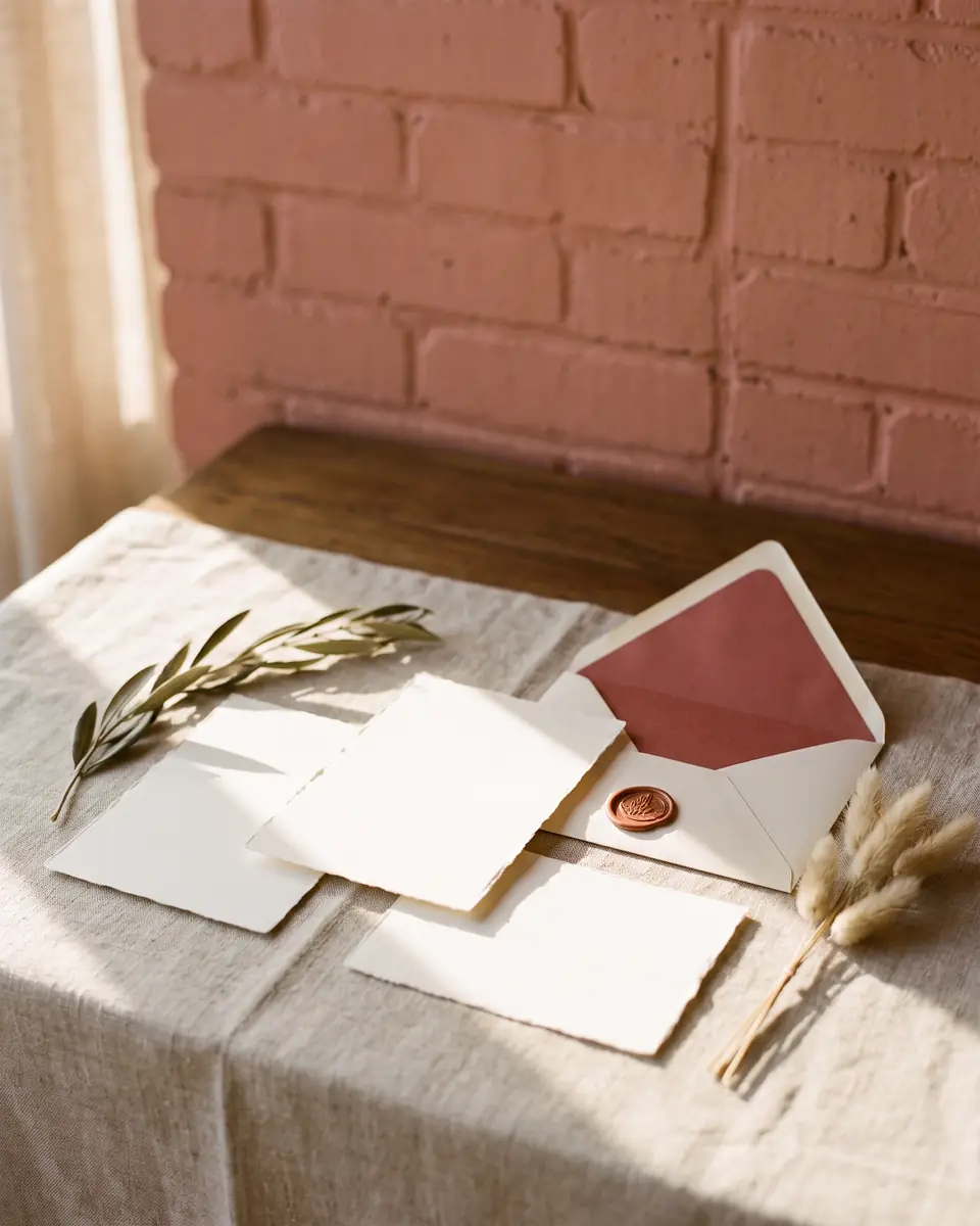 Faire-part en papier coton aux bords frangés, cachet de cire terre cuite, enveloppe doublée de rose brique et rameau d’olivier séché