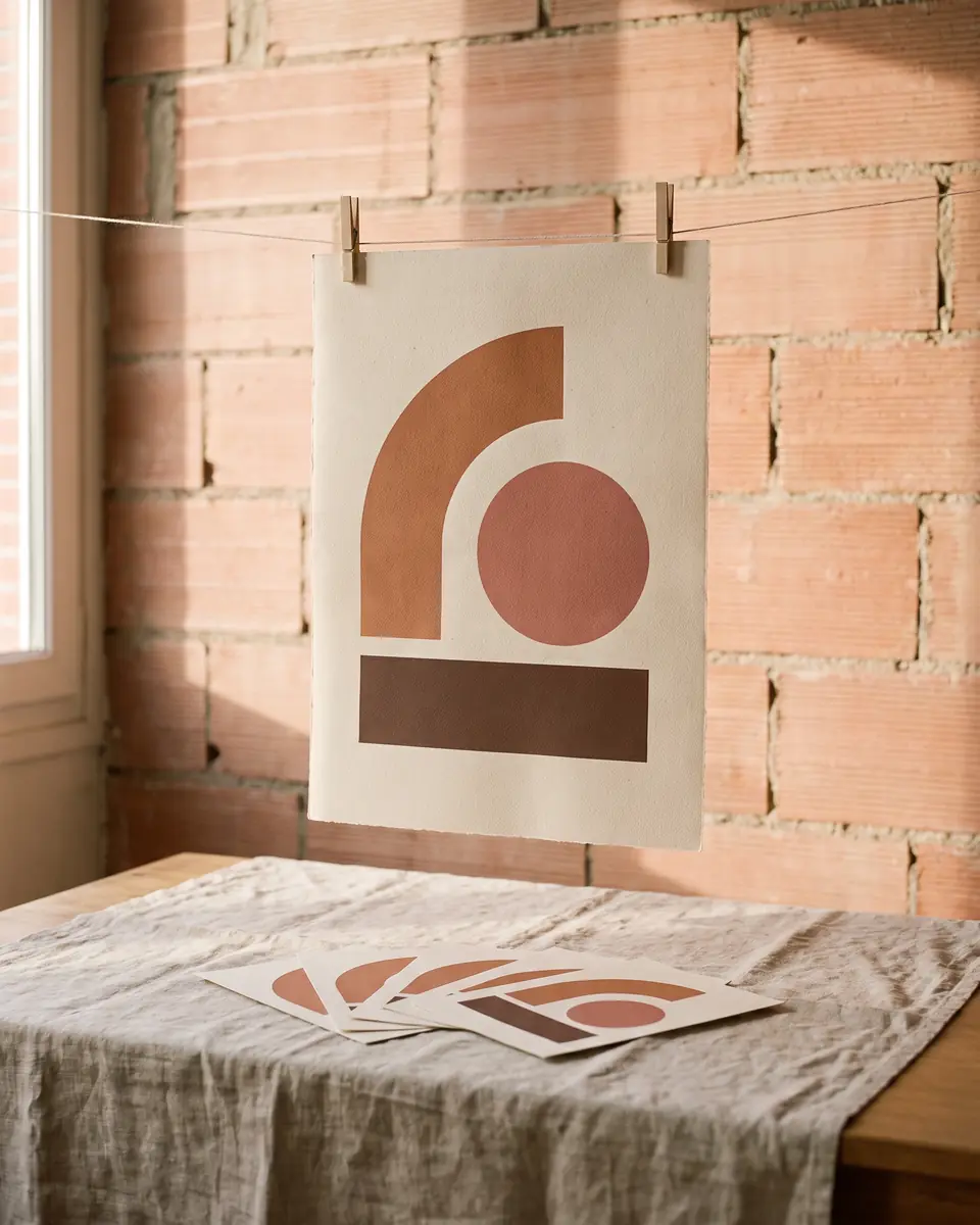 Affiche aux formes géométriques terre cuite et rose brique suspendue sur un mur de briques, flyers assortis sur la table