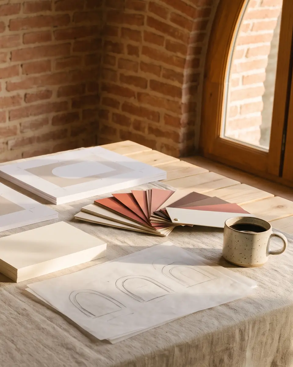 Table de travail dans la lumière de fin de journée : épreuves, nuancier terre cuite et calques d’esquisses devant un mur de briques