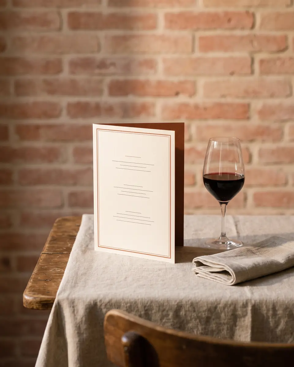 Carte de restaurant en papier crème liseré de terre cuite, debout sur une table de bistrot près d’un verre de vin rouge