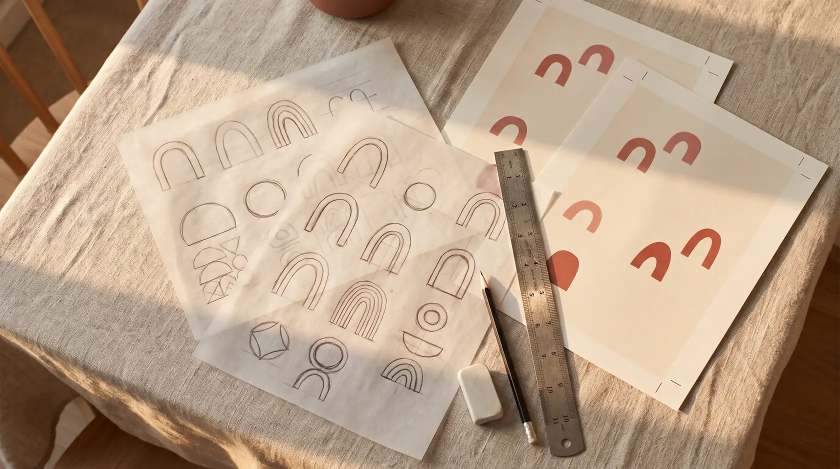 Calques d’esquisses d’arches, règle et crayon sur une nappe de lin, dans une lumière rasante