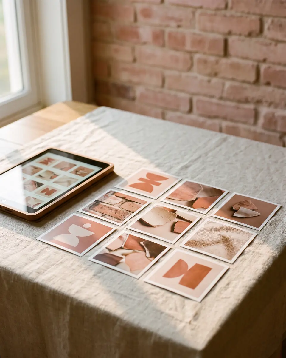 Planche de visuels carrés imprimés aux tons terre cuite, brique et céramique, disposés en grille près d’une tablette